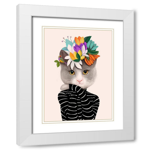 Cat With Flowers and Finch White Modern Wood Framed Art Print with Double Matting by Horvat, Ioana