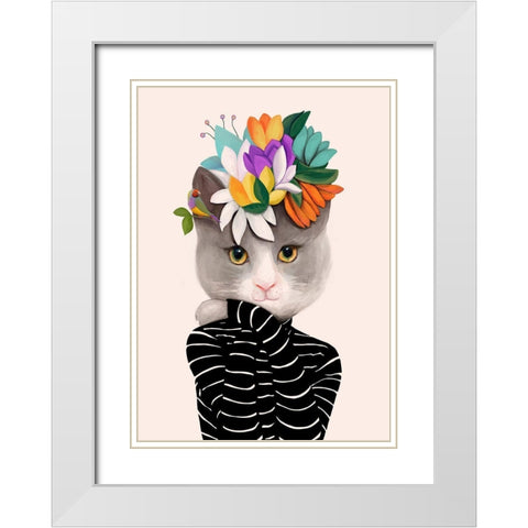 Cat With Flowers and Finch White Modern Wood Framed Art Print with Double Matting by Horvat, Ioana