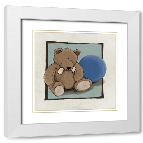 Teddy Bear and Ball White Modern Wood Framed Art Print with Double Matting by GraphINC