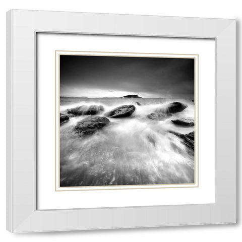 Waves on Rocks White Modern Wood Framed Art Print with Double Matting by PhotoINC Studio