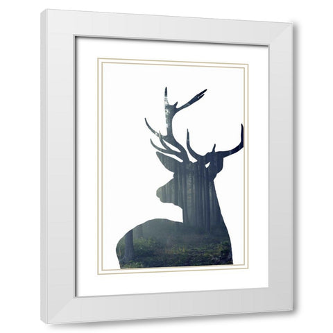 Forest Deer Silhouette White Modern Wood Framed Art Print with Double Matting by Incado