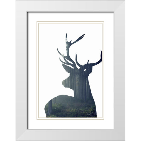 Forest Deer Silhouette White Modern Wood Framed Art Print with Double Matting by Incado