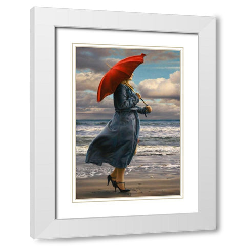 Red Umbrella White Modern Wood Framed Art Print with Double Matting by Kelley, Paul