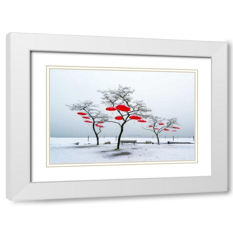Red Umbrellas White Modern Wood Framed Art Print with Double Matting by Kostka, Vladimir