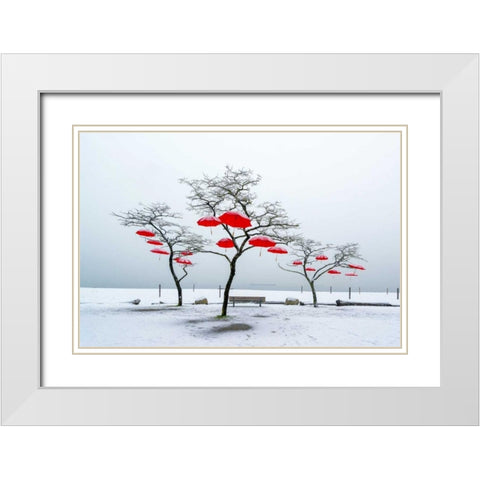 Red Umbrellas White Modern Wood Framed Art Print with Double Matting by Kostka, Vladimir