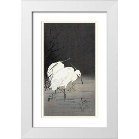 Two Egrets in the Reeds, 1900-1930 White Modern Wood Framed Art Print with Double Matting by Koson, Ohara