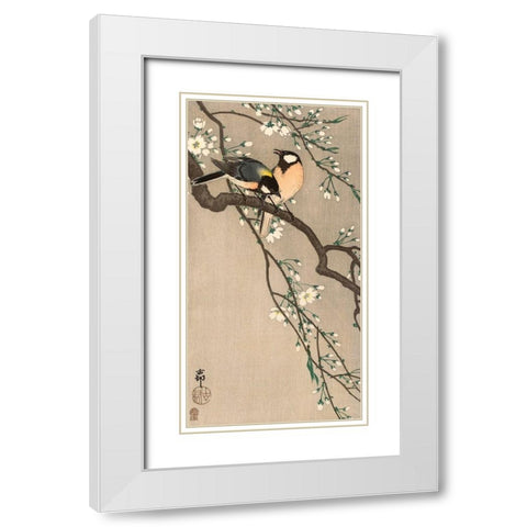 Songbirds on Cherry Branch, 1900-1910 White Modern Wood Framed Art Print with Double Matting by Koson, Ohara