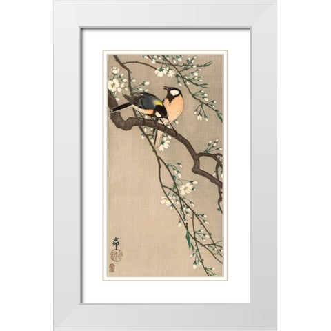 Songbirds on Cherry Branch, 1900-1910 White Modern Wood Framed Art Print with Double Matting by Koson, Ohara