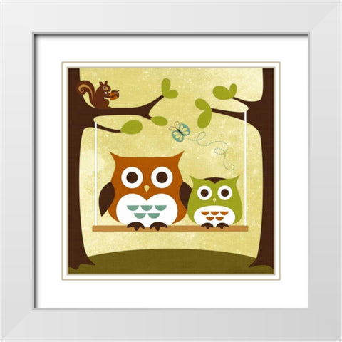 Two Owls on Swing White Modern Wood Framed Art Print with Double Matting by Lee, Nancy