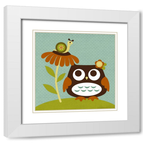 Owl Looking at Snail White Modern Wood Framed Art Print with Double Matting by Lee, Nancy