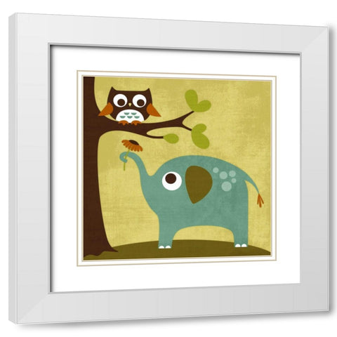 Owl and Elephant White Modern Wood Framed Art Print with Double Matting by Lee, Nancy