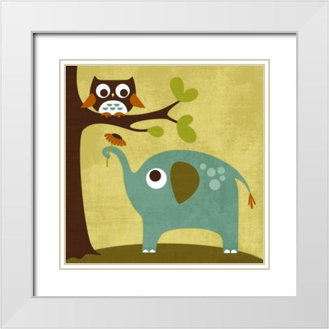 Owl and Elephant White Modern Wood Framed Art Print with Double Matting by Lee, Nancy