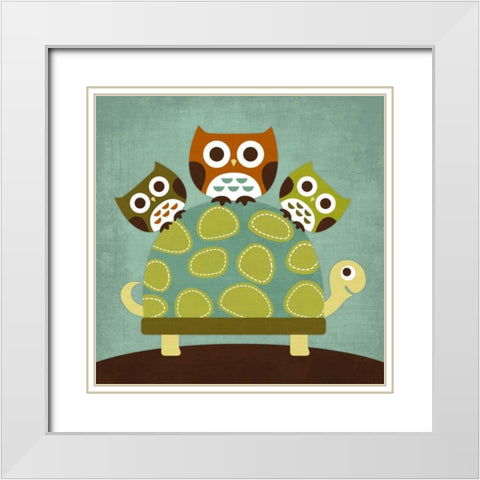 Three Owls on Turtle White Modern Wood Framed Art Print with Double Matting by Lee, Nancy