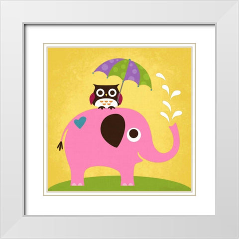 Elephant and Owl with Umbrella White Modern Wood Framed Art Print with Double Matting by Lee, Nancy