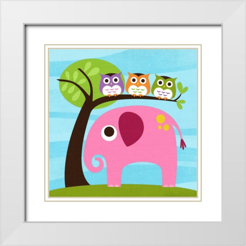 Elephant with Three Owls White Modern Wood Framed Art Print with Double Matting by Lee, Nancy