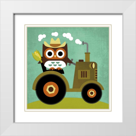 Owl on Tractor White Modern Wood Framed Art Print with Double Matting by Lee, Nancy