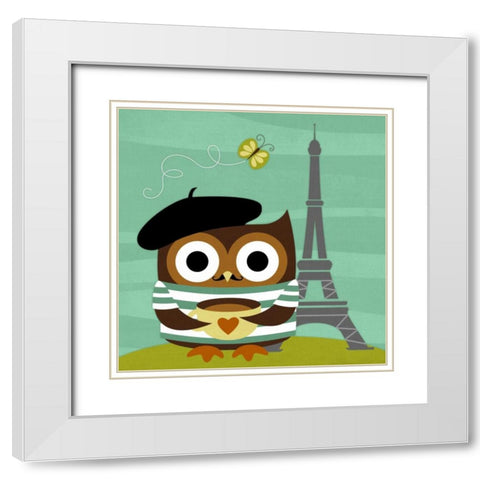 Owl in Paris White Modern Wood Framed Art Print with Double Matting by Lee, Nancy