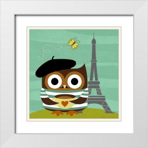 Owl in Paris White Modern Wood Framed Art Print with Double Matting by Lee, Nancy