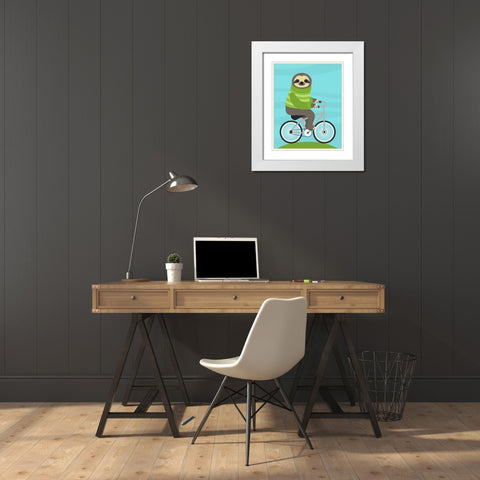Cycling Sloth White Modern Wood Framed Art Print with Double Matting by Lee, Nancy