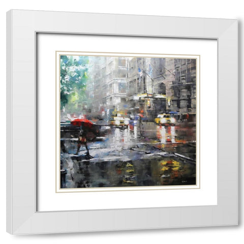 Manhattan Red Umbrella White Modern Wood Framed Art Print with Double Matting by Lague, Mark