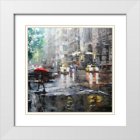 Manhattan Red Umbrella White Modern Wood Framed Art Print with Double Matting by Lague, Mark