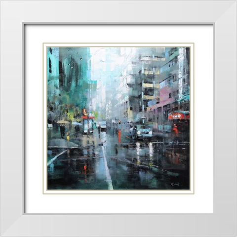 Montreal Turquoise Rain White Modern Wood Framed Art Print with Double Matting by Lague, Mark