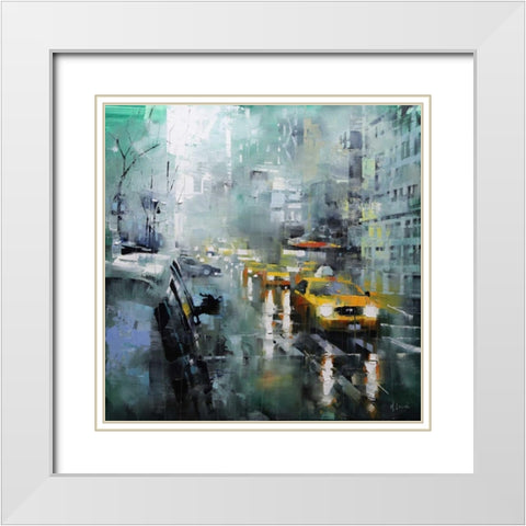 New York Rain White Modern Wood Framed Art Print with Double Matting by Lague, Mark