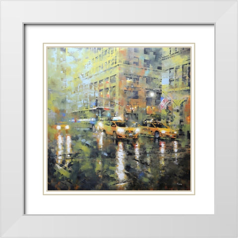 Manhattan Orange and Green White Modern Wood Framed Art Print with Double Matting by Lague, Mark