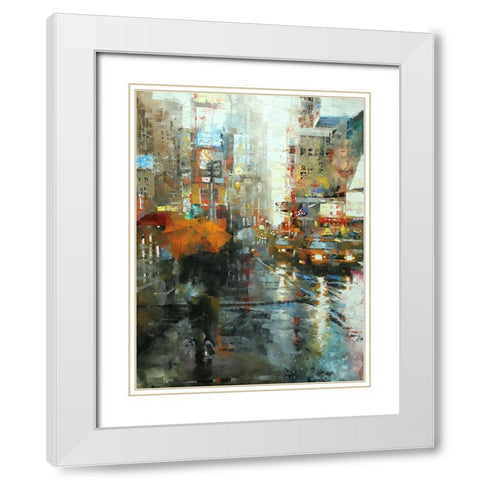 Manhattan Orange Umbrella White Modern Wood Framed Art Print with Double Matting by Lague, Mark
