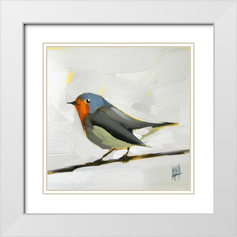 Robin on Wire White Modern Wood Framed Art Print with Double Matting by Moulton, Angela