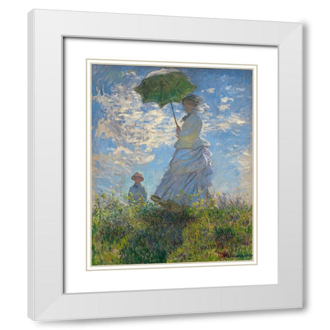 Woman with a Parasol - Madame Monet and Her Son, 1875 White Modern Wood Framed Art Print with Double Matting by Monet, Claude