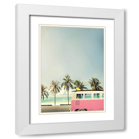 Surf Bus Pink White Modern Wood Framed Art Print with Double Matting by Design Fabrikken