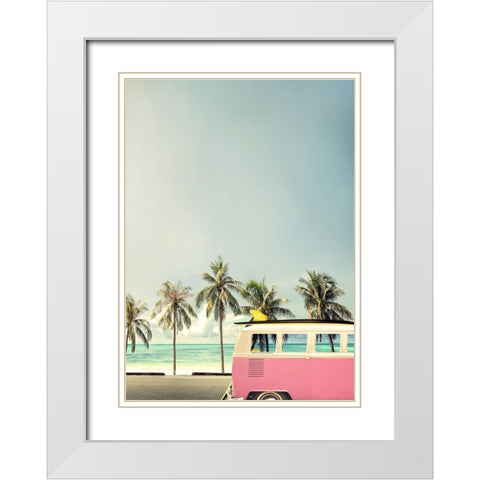 Surf Bus Pink White Modern Wood Framed Art Print with Double Matting by Design Fabrikken