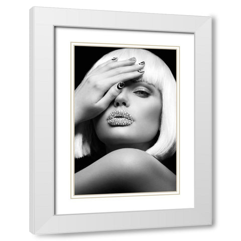 Diamond Lips BW White Modern Wood Framed Art Print with Double Matting by Design Fabrikken