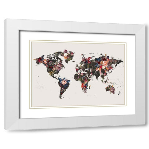 Worldmap Flowers White Modern Wood Framed Art Print with Double Matting by Design Fabrikken