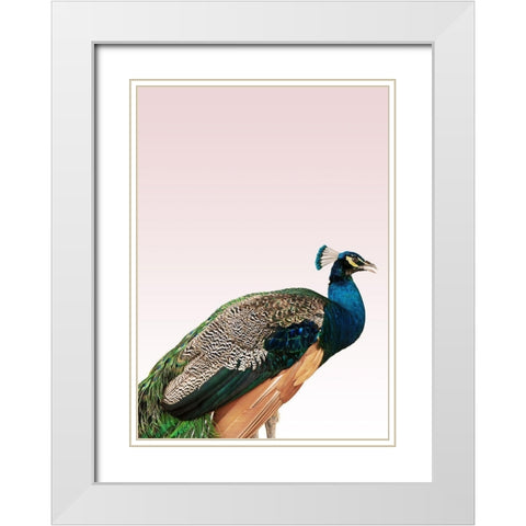 Peacock on Pink White Modern Wood Framed Art Print with Double Matting by Design Fabrikken