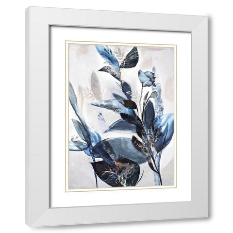 Blue Leaves White Modern Wood Framed Art Print with Double Matting by Design Fabrikken