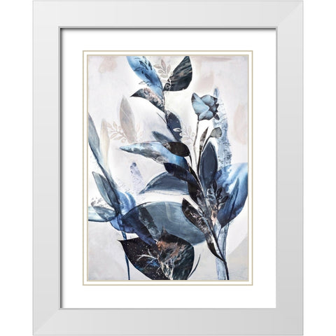 Blue Leaves White Modern Wood Framed Art Print with Double Matting by Design Fabrikken