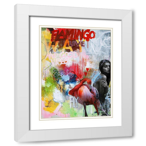 Flamingo White Modern Wood Framed Art Print with Double Matting by Design Fabrikken
