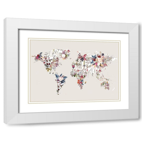 Worldmap Flowers (Light) White Modern Wood Framed Art Print with Double Matting by Design Fabrikken
