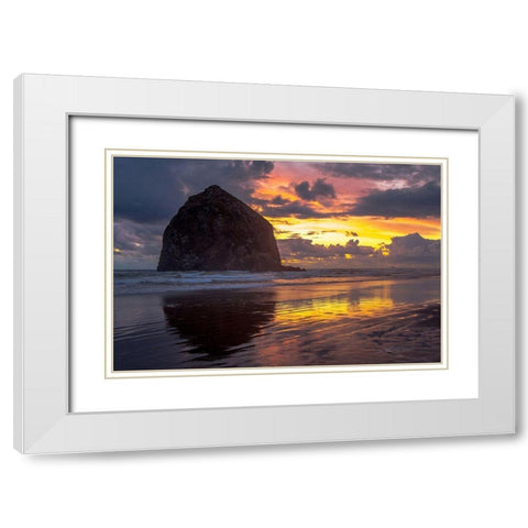 Cannon Beach Sunset White Modern Wood Framed Art Print with Double Matting by Oldford, Tim