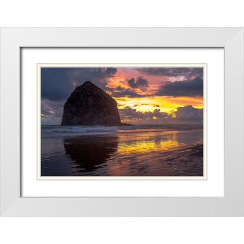 Cannon Beach Sunset White Modern Wood Framed Art Print with Double Matting by Oldford, Tim