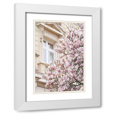 Pink Spring Magnolias in Paris White Modern Wood Framed Art Print with Double Matting by Okula, Carina