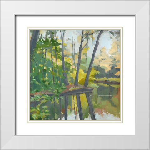 Wooded Pond White Modern Wood Framed Art Print with Double Matting by Rufo, John