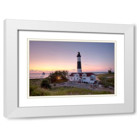 Big Sable Point Lighthouse At Sunset White Modern Wood Framed Art Print with Double Matting by Romanowicz, Adam