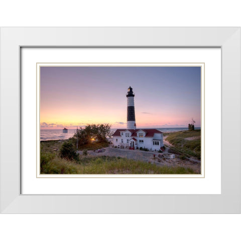 Big Sable Point Lighthouse At Sunset White Modern Wood Framed Art Print with Double Matting by Romanowicz, Adam