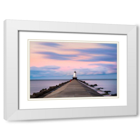 Ludington North Breakwater Light Sunrise White Modern Wood Framed Art Print with Double Matting by Romanowicz, Adam