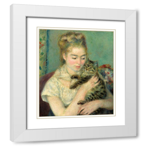 Woman with Cat (Femme au chat)-1875 White Modern Wood Framed Art Print with Double Matting by Renoir, Pierre-Auguste
