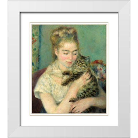 Woman with Cat (Femme au chat)-1875 White Modern Wood Framed Art Print with Double Matting by Renoir, Pierre-Auguste