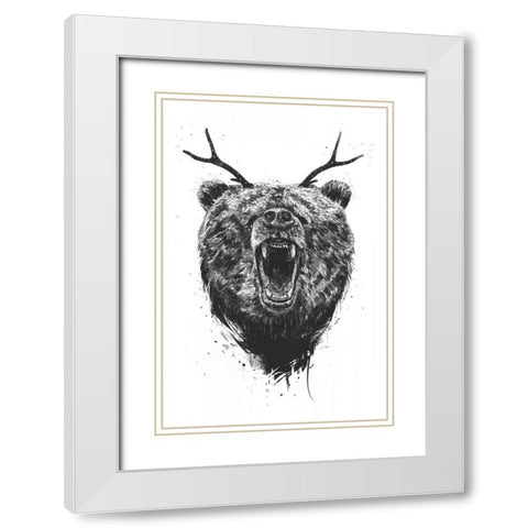Angry Bear With Antlers White Modern Wood Framed Art Print with Double Matting by Solti, Balazs